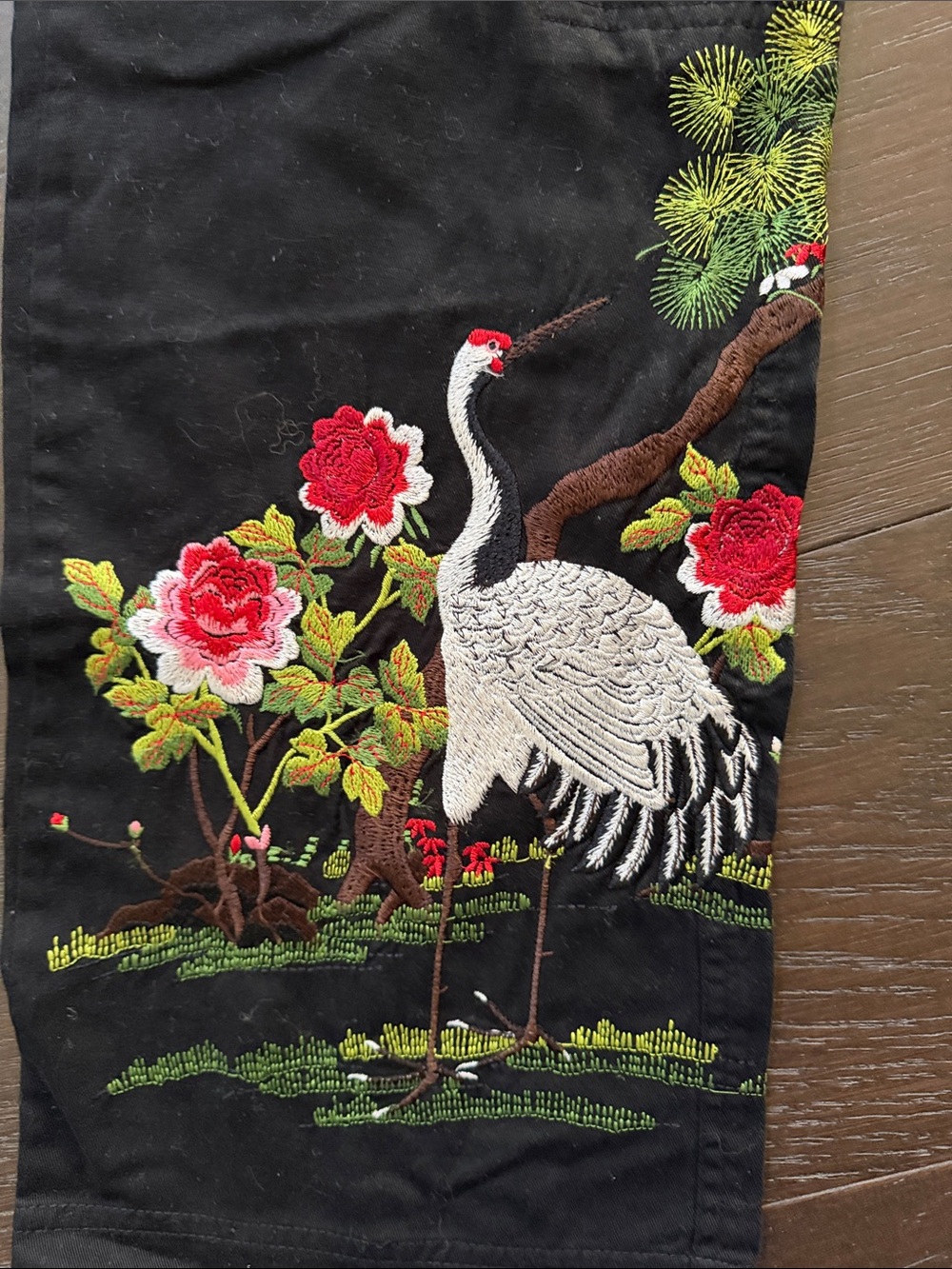 Johnny Was Black Embroidered Crane Cargo Pants with Pink & Green Floral Accents - Picture 3 of 11